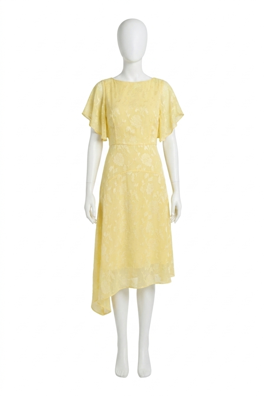 NEW MAGGY LONDON solid flutter sleeve asymmetrical hem midi dress in yellow